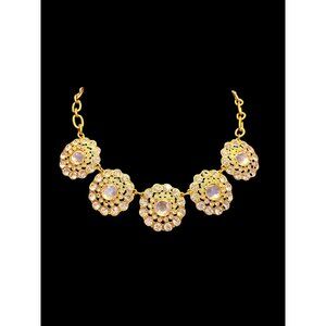 J Crew Signed Clustered Rhinestone Statement Floral Medallion Gold Tone Necklace